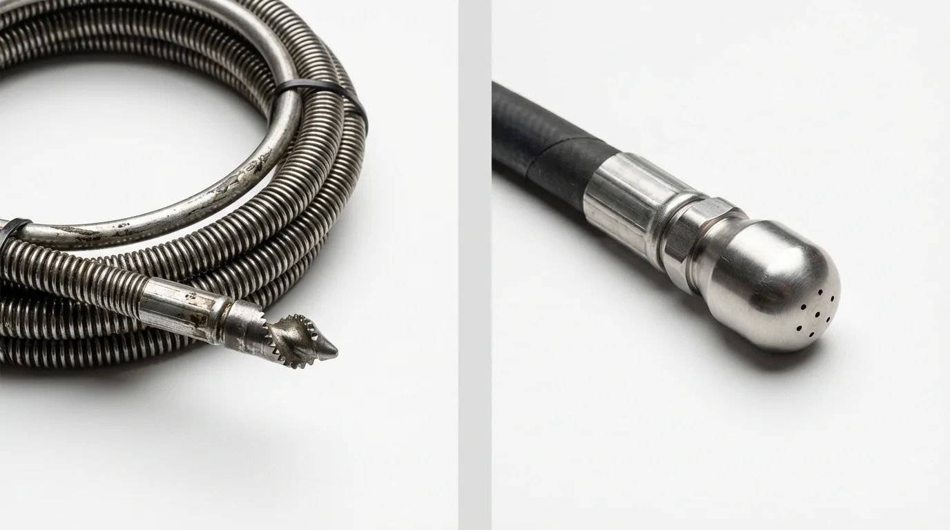 Drain snake cable and hydro jetting nozzle used for drain cleaning in Louisburg, NC