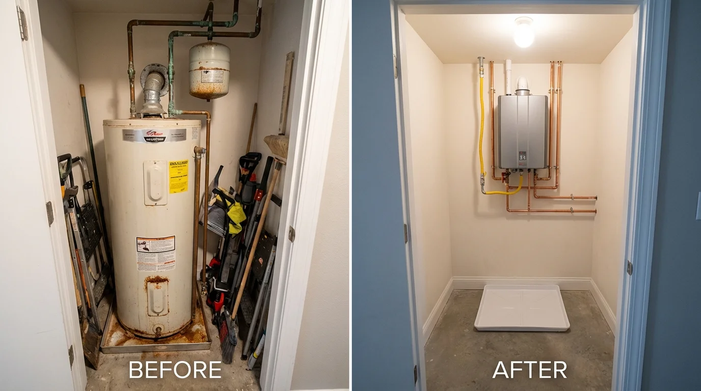 Tank water heater versus wall-mounted tankless unit comparison for Louisburg, NC homeowners