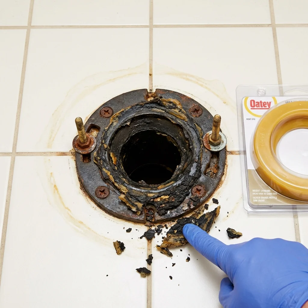 Failed wax ring showing water seepage at the base of a toilet in a Louisburg, NC home