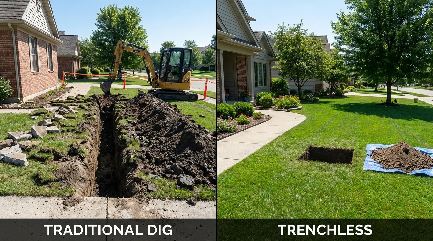 Trenchless sewer repair with minimal yard damage versus traditional excavation in Louisburg, NC