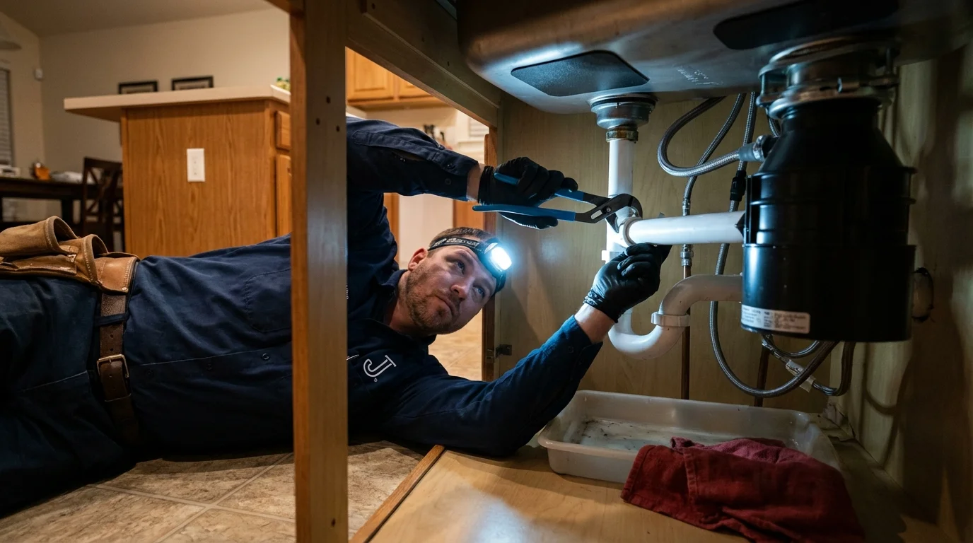P-trap and supply line connections under a kitchen sink showing a common leak point in Louisburg, NC